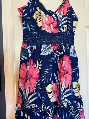 Shein Tropical Pink Blue Floral Midi Dress S NWOT
